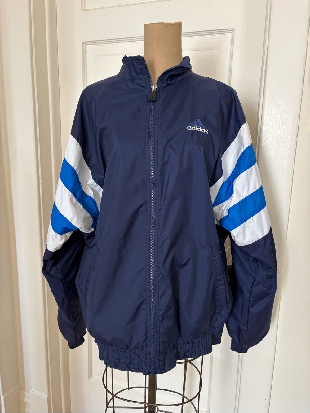 Vintage Adidas Navy Track Jacket with White & Bright Blue Sleeve Stripes